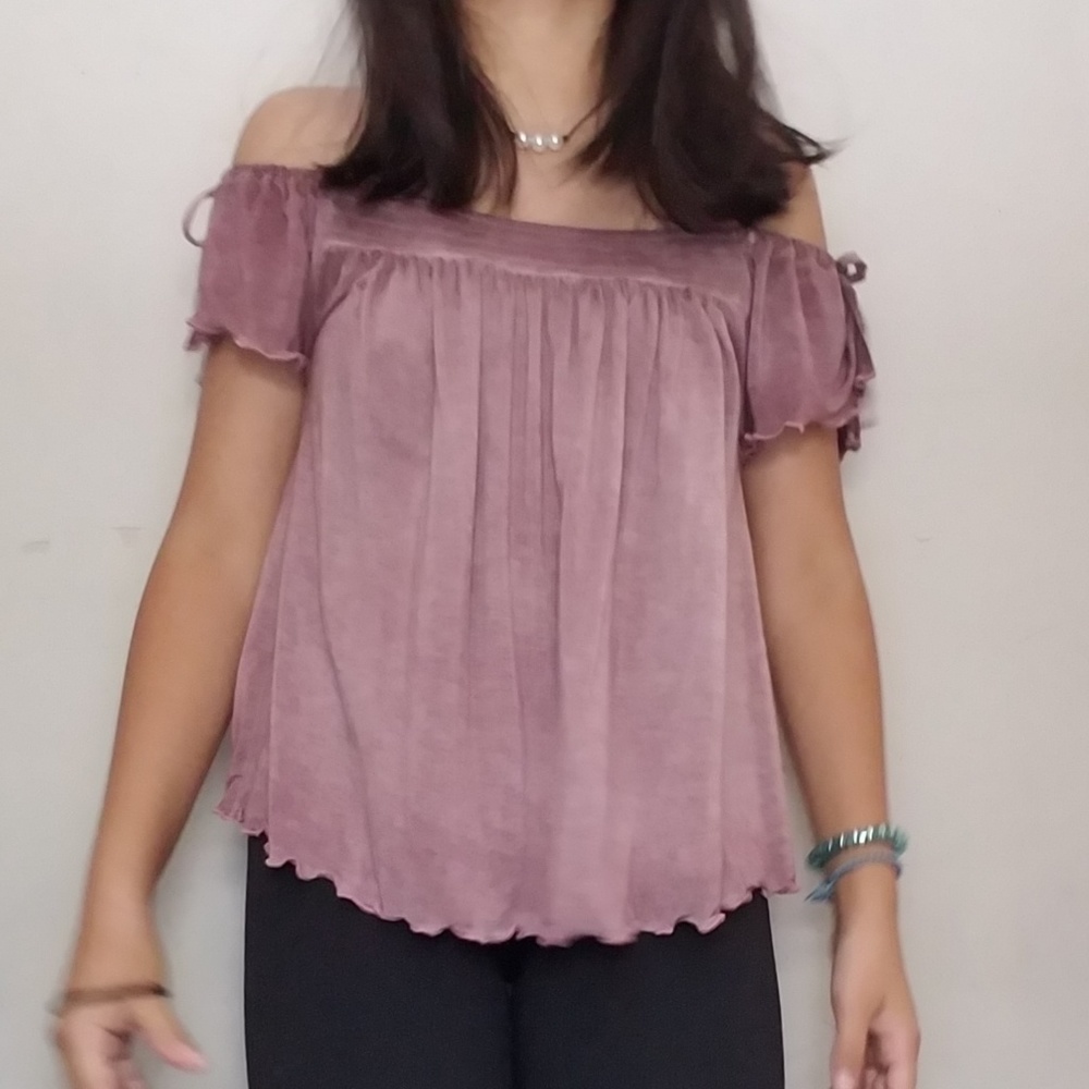 purple off the shoulder blouse